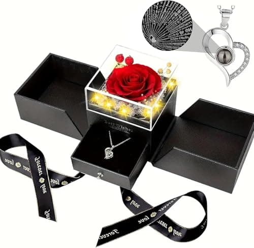 Preserved Real Red Rose with Heart Necklace I Love You in 100 Languages,Romantic Valentine's Day Gifts for Her, Christmas Gifts for Wife, Mother's Day, Birthday Gifts,Anniversary Gifts for Girlfriend