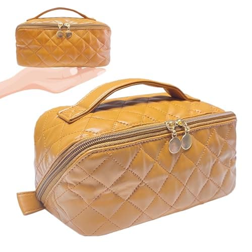 STOMKIRE Brown Soft Leather Small Makeup Bag for Purse Small Makeup Pouch Cute Cosmetic Bag Mini Travel Toiletry Bag Quilted Lay Flat Make up Bag for Women — image 1