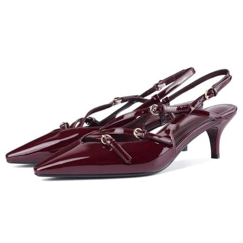 CORNMOOD Slingback Kitten Heels for Women Pointed Toe Stiletto Low Heels with Buckle Strap Heeled Pumps Sandals Burgundy,8