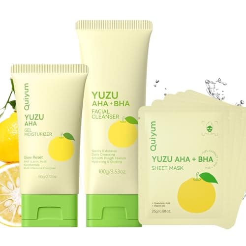 QUIYUM Yuzu AHA BHA Skincare Set for Teens & Young Women - 3.53oz Foaming Cleanser + 5 PCS Exfoliating Sheet Masks + 2.12oz Hydrating Gel Moisturizer | Gentle Exfoliation, Oil Control & Glowing Skin — image 1