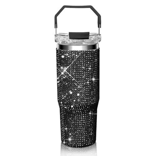 30oz Bling Rhinestone Studded Tumbler with Top Handle, Bling Cups Stainless Steel Water Bottle Diamond Glitter Tumbler for Women - Birthday Gifts for Women, Mom,Get Well Soon Gifts (Black) — image 1