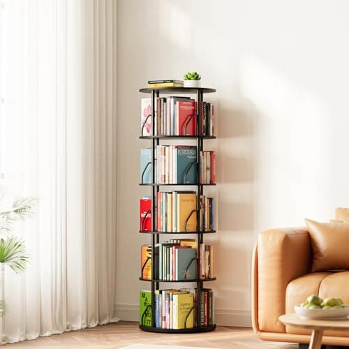SpaceAid 5 Tier Rotating Bookshelf Tower, 360 Display Stackable Spinning Bookcase, Space Saving Revolving Round Book Shelf, Floor Standing Swivel Corner Organizer, Black — image 1