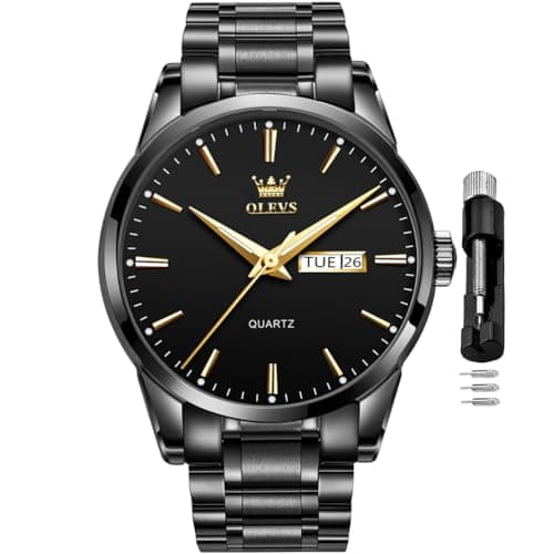 OLEVS Black Watches for Men Business Dress Easy Read Analog Quartz Date Luxury Wristwatch Gold Casual Stainless Steel Waterproof Luminous Two Tone Mens Watch