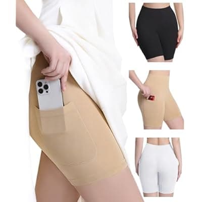 Okimay 3 Pack Slip Shorts for Under Dress with Pocket Smooth Anti Chafing Shorts Women Bike Shorts