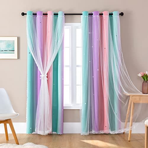 XiDi Curtains for Girls Bedroom Decor, Rainbow Blackout Curtains for Kids/Little Girl Room Decor, Unicorn Wall Decals,Pink Purple Green,63 x 34 inches,1 Panel — image 1
