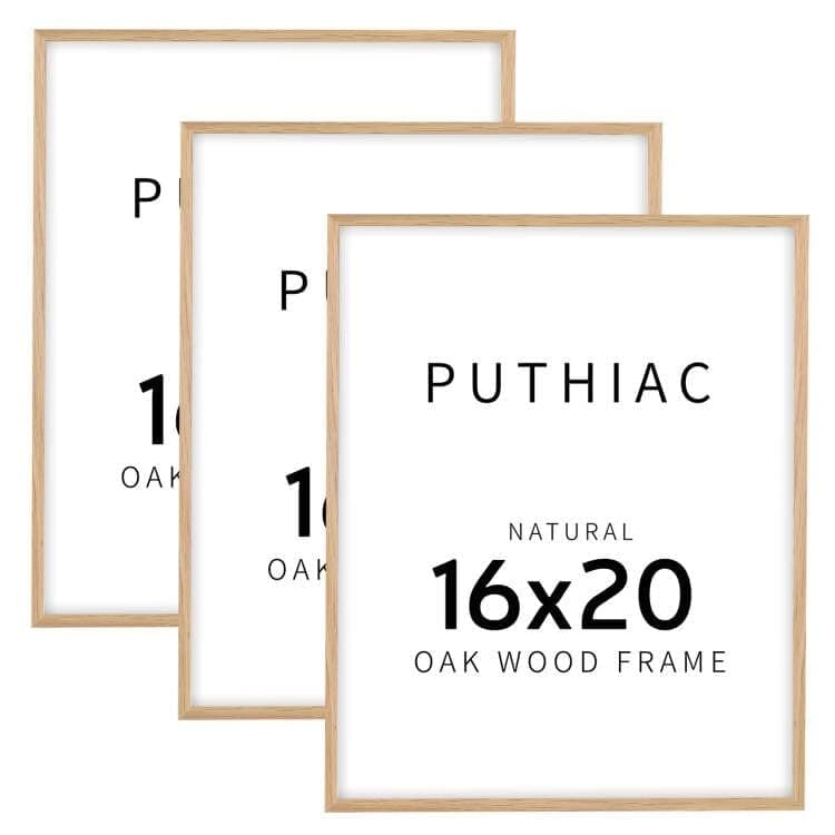 puthiac 16x20 Solid Oak Wood Picture Frame, Fits 12x16 with Mat or 16x20 Without Mat, Wall Display Only, Vertical or Horizontal, Plexi Front, 3 Pack, Natural Oak — image 1