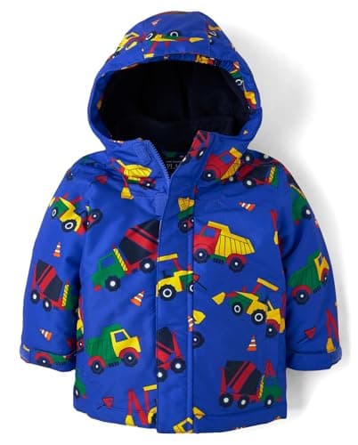 The Children's Place,Baby Boys,and Toddler Heavy 3 in 1 Winter Jacket, Wind Water-Resistant Shell, Fleece Inner,Blue Construction Trucks,12 Months,18 Months