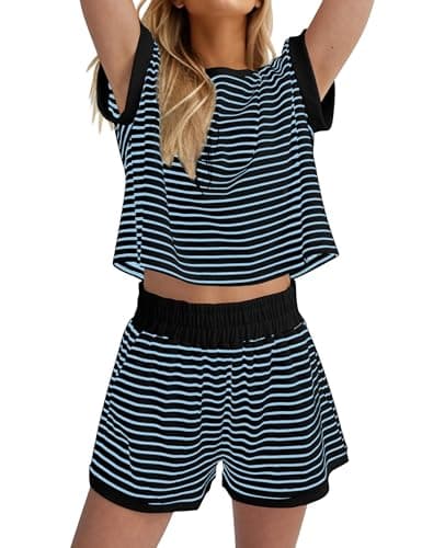 Burtell Women Summer 2 Piece Lounge Sets Striped Short Sleeve Tee Shirts Mini Shorts Loungewear Shorts Set Ribbed Pajama Set — image 1