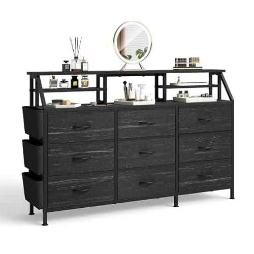 Miereirl 55''W Dresser for Bedroom, 9 Fabric Drawers & 2 Open Shelves for Closet, Bedroom Dresser with Side Pocket, Wide Chest of Drawers, for Bedroom, Living Room,Hallway (Black) — image 1