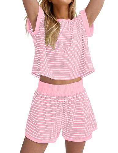 Burtell Women Summer 2 Piece Lounge Sets Striped Short Sleeve Tee Shirts Mini Shorts Loungewear Shorts Set Ribbed Pajama Set — image 1