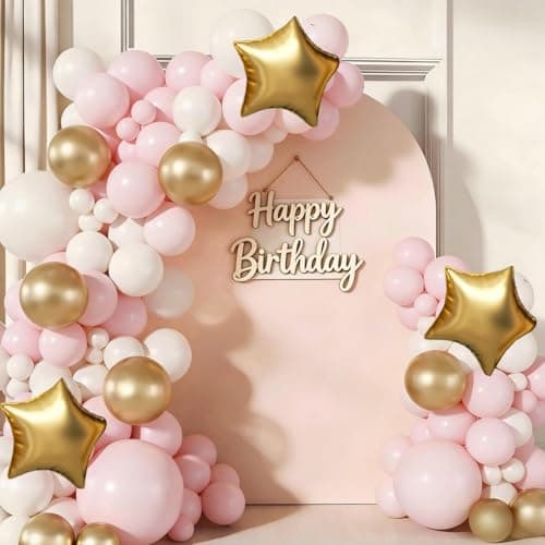 Pink White Gold Balloon Arch Garland Kit 143Pcs Pink White Metallic Gold Latex Balloons with Star Foil Balloons for Wedding Bridal Shower Birthday Party Decorations — image 1