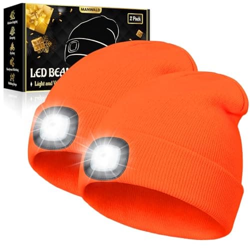 MANWALD LED Beanie Hat with Light, USB Rechargeable LED Headlamp, Birthday Gifts for Women Adults, Gifts for Men dad Husband, Boyfriend, Orange, 2PCS — image 1