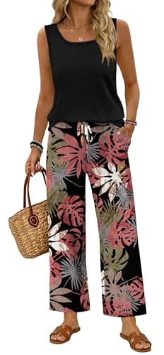 WIHOLL Two Piece Sets for Women Summer Spring Outfits Tank Square Neck Sleeveless Travel Vacation Lounge Wide Leg Pants Set — image 1