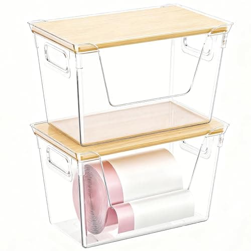 ShinyDew 2 Pack Trash Bag Dispenser with Bamboo Lid, Stackable Trash Bag Holder, Large Clear Garbage Bag Organizer for 4-33 Gal Bags, Space-Saving Under Sink Organizer for Kitchen, Laundry, Pantry — image 1