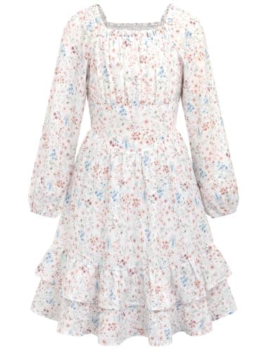 HOZIY Girls Fall Floral Dress Holiday Long Sleeve Square Neck High Waist Ruffle Tiered Midi Dresses 6-14Y — image 1