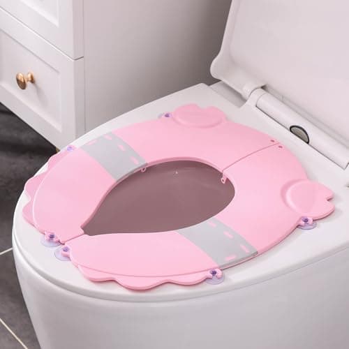 Portable Potty Training Seat,Upgraded Non-Slip-Anti pinch buttocks, One-handed Removal Folding Travel Potty Seat for Toddlers & Kids, 6 suction cups firmly adhere, Fits All Shape Toilets(Pink) — image 1