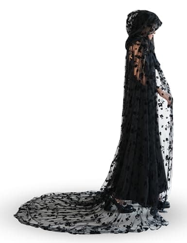 Black Lace Floral Tulle Cape with Hood, Long Halloween Witch Costume Cloak — image 1