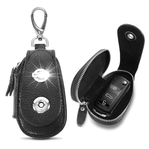 SKvoen Black Genuine Leather Car Key Pouch Fob Case for Universal Car Keys Cover, Key Chain Keychain Holder Metal Hook and Keyring Zipper Bag for Remote Key Fob — image 1