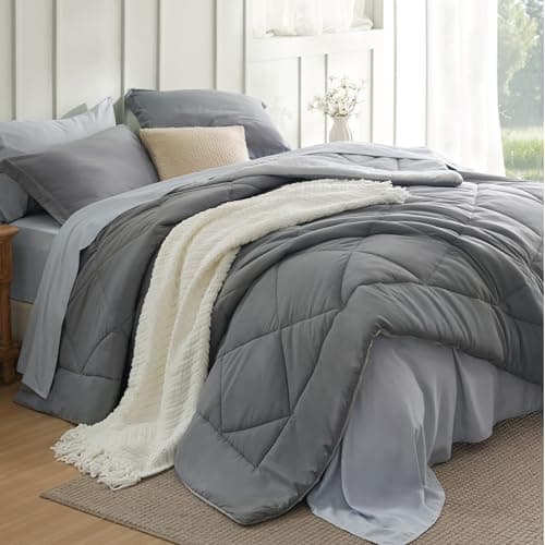 Bedsure Full Size Comforter Set - 7 Pieces Reversible Grey Bedding, Full Size Bed Set for All Seasons, Bed in a Bag with Down Alternative Comforter, Sheets, Pillowcases & Shams — image 1