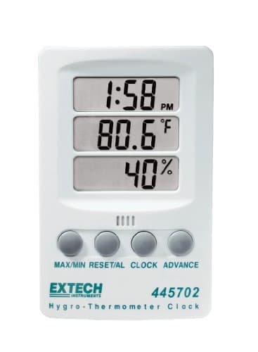 Extech 445702 Hygro-Thermometer Clock - Digital Humidity Monitor and Indoor Thermometer with Max/Min Memory, Triple LCD Display, 12/24 Hour Clock, and Alarm - Wall Mount or Desktop Stand