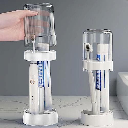 2 Pack Toothbrush Holder with Cover/Cup, Adujustable Height Electric Toothbrush Holders with 2 Slots, Compatible with Toothpaste, Conventional or Electric Toothbrush Holder for Bathrooms — image 1