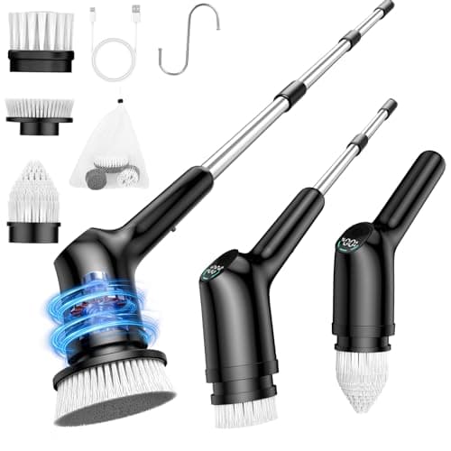 Shower Scrubber with Long Handle for Cleaning Bathroom, Electric Spin Scrubber Cleaning Brush with IPX7 Waterproof & 2Speed, 3Brush Heads, Bathroom Cleaning Supplies for Shower Tub Tile Toilet, Black — image 1