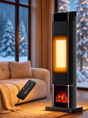 Uthfy Space Heaters for Indoor Use, 1500W Electric Room Heater for Large Room with Thermostat, 120° Oscillation&Child Lock, 24H Timer,3 Color 3D Flame,Dust Filter,ECO,Portable Tower Heater — image 1
