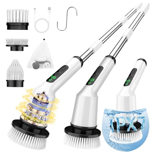 Electric Spin Scrubber for Cleaning Bathroom, Shower Scrubber Cordless Cleaning Brush with IPX7 Waterproof & 2 Speed, 3 Brush Heads, Bathroom Cleaning Supplies for Shower Tub Kitchen Tile Toilet White — image 1