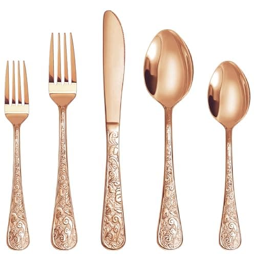 Runfly Vintage Carved Rose Gold/Copper Stainless Steel 20 Pieces Flatware Set, Silverware Set, Modern Embossed Cutlery Set Utensils Including Fork Spoon and Knife — image 1