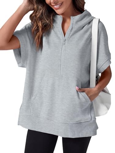 Fisoew Womens Oversized Half Zip Hoodies Short Sleeve Casual Sweatshirts Pullover Tops with Pockets — image 1