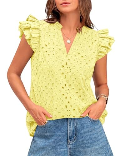 BTFBM Spring Summer Tops for Women 2026 Dressy Casual V Neck Ruffle Cap Sleeve Embroidered Eyelet Blouses Resort Wear β image 1