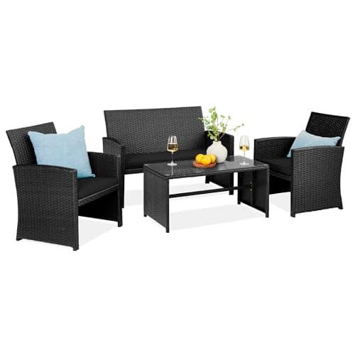 Best Choice Products 4-Piece Outdoor Wicker Patio Conversation Furniture Set for Backyard w/Coffee Table, Seat Cushions - Black/Black — image 1