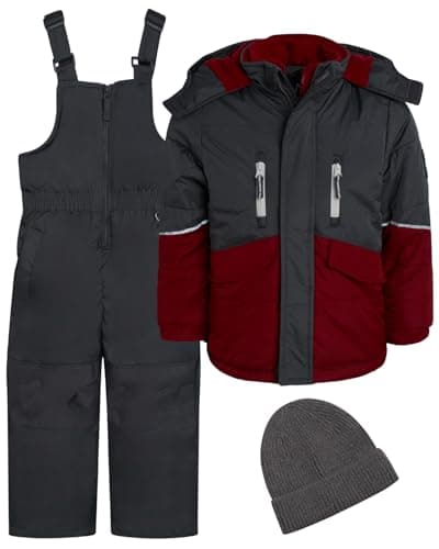 iXtreme Boys Snowsuit Set - 2 Piece Heavyweight Insulated Ski Jacket and Snow Pants Overall Bibs for Boys with Winter Hat, Size 10/12, Charcoal/Red