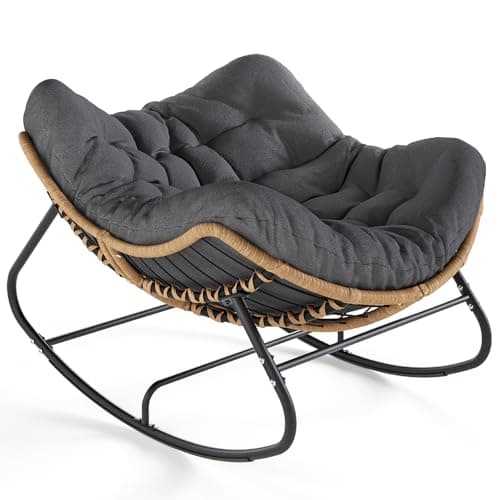 SWITTE Outdoor Rocking Chair, Oversized Patio Papasan Rocker, Comfy Wicker Reading Lounge, Indoor Bed-Like Egg Chair for Bedroom,Balcony, Porch, Garden, Dark Grey