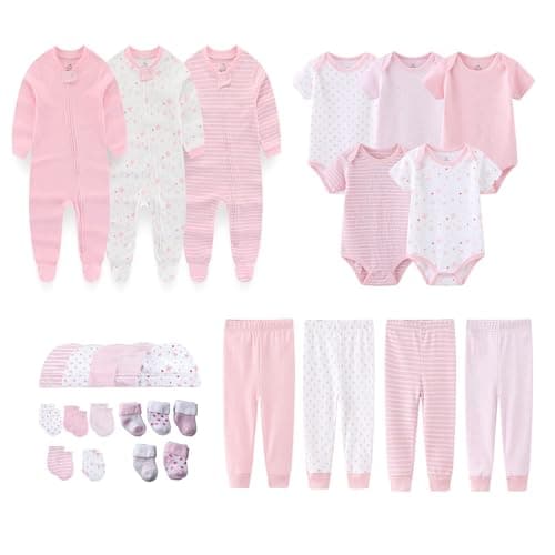 MAMIMAKA Newborn Layette Gift Set 27-Piece Baby Girl Clothes Bodysuits, Pants Essentials and Accessories 0-6Months