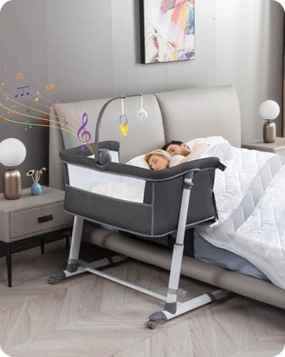 Yacul Baby Bassinet, Bedside Crib Sleeper with Wheels and Music Box, Breathable Mesh Height Adjustable Baby Bedside Sleeper, Portable, Dark Gray — image 1