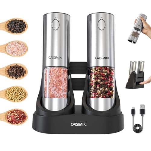 CAISIMIKI Electric Salt and Pepper Grinder Set Upgraded Stainless Steel Spice Grinder USB Rechargeable Automatic Pepper Mill Dual Charging Station Grinder Shakers, Silver — image 1
