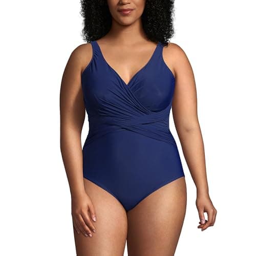 Lands' End Womens Slender Suit Wrap One Piece Swimsuit Deep Sea Navy Long Torso 10