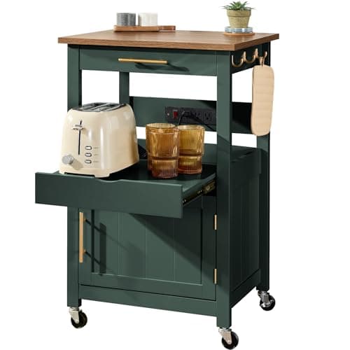 Best Choice Products Rolling Kitchen Island Cart, Single Door Cabinet W/Drawer, Sliding Tray, Outlet, Swivel Lockable Wheels, Hooks, Coffee Cart, Microwave Stand, for Dining Room - Forest Green — image 1