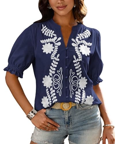 BTFBM Women's 2026 Spring Tops Casual Floral Boho V Neck Puff Short Sleeve Button Down Shirts Embroidered Blouses Tunic — image 1