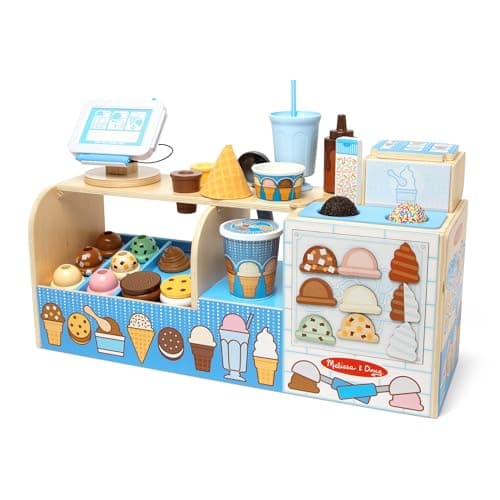 Melissa & Doug Cool Scoops Ice Creamery, Wooden Ice Cream Shop & Counter with Play Food & Play Kitchen Accessories, Preschool Learning Toys for Girls & Boys 3+ - FSC Certified