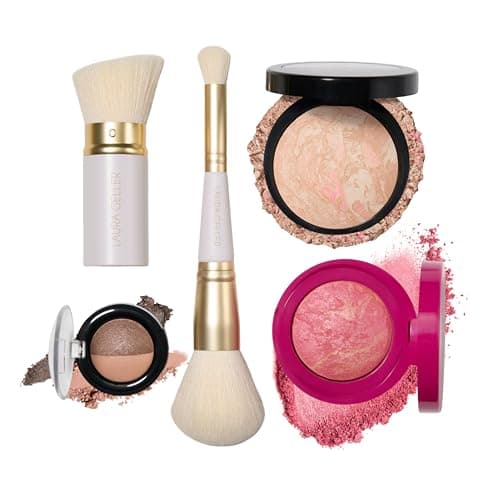 LAURA GELLER NEW YORK Daily Routine Kit | Porcelain | Limited Edition Makeup Set | Includes Baked Foundation for Mature Skin, Exclusive Blush, Eyeshadow, Retractable Kabuki Brush