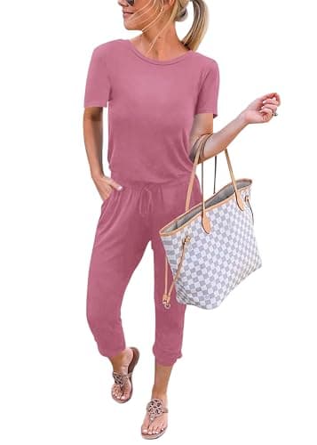 KIRUNDO Jumpsuits for Women Summer 2026 Casual Short Sleeve One Piece Outfits Drawstring Waist Long Pants Romper Jumpers — image 1