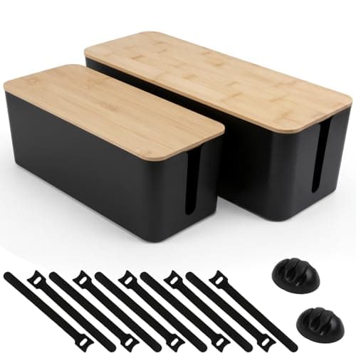 2 Pack Cable Management Box - Cord Organizer Box with Wooden Lid for TV Wires, Power Strips, Router, USB Hub & Under Desk Power: Baby & Pet Proof Cord Management, Cord Hider for Home & Office(Black) — image 1