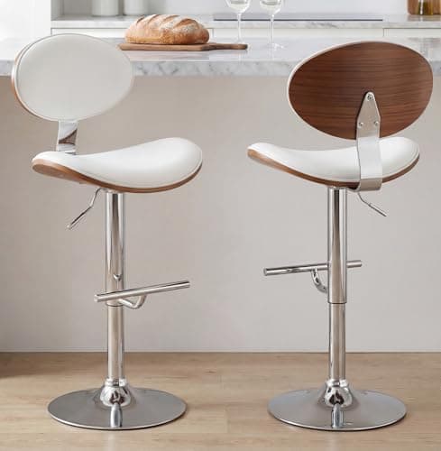 Mapleyard Adjustable Height Barstools Set of 2: Swivel Modern Kitchen Counter Bar Stools, Leather Upholstered Bar Chairs with Walnut Bent Plywood Backrest & Footrest for Island, Dining Room Pub, White — image 1