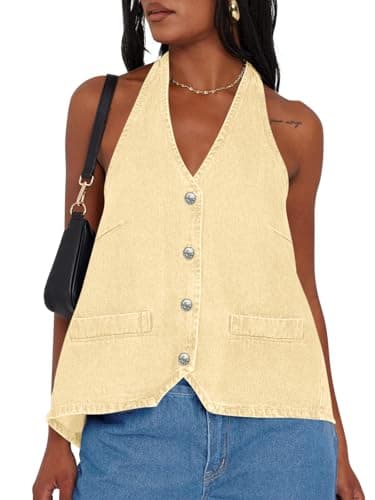 Tankaneo Womens Halter Denim Vest Tops Summer Sleeveless Open Back Y2K Going Out Jean Tank Tops V Neck Button Up Waistcoat — image 1