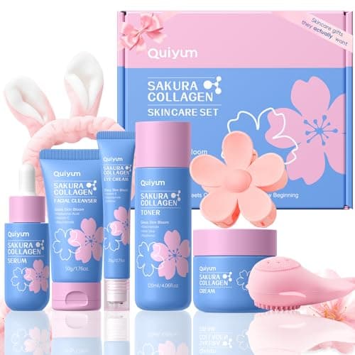 QUIYUM Sakura Collagen Skincare Set - 8-Piece Glass Skin Routine with Cleanser, Toner, Serum, Eye Cream, Moisturizer | Hydration, Firm, Glow for All Skin Types, Skin Care Gift Sets, for Mother's day — image 1