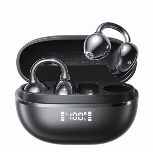 Kinglucky ClipFree A20 Open-Ear Earbuds, Secure & Comfort Fit, Premium Sound Clip-On Earbuds with Digital Display, 45H Playtime Bluetooth 6.0 Wireless Headphones, IP55 Waterproof for Running, Black