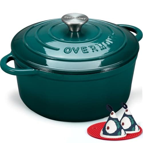 Overmont Enameled Cast Iron Dutch Oven - 7QT Pot with Lid Cookbook & Cotton Potholders - Heavy-Duty Cookware for Braising, Stews, Roasting, Sourdough Baking bottle green — image 1