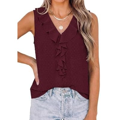 PRETTYGARDEN Tank Tops for Women 2026 Summer Fashion Sleeveless Ruffle Button Swiss Dot Dressy Casual Blouses Work Shirts